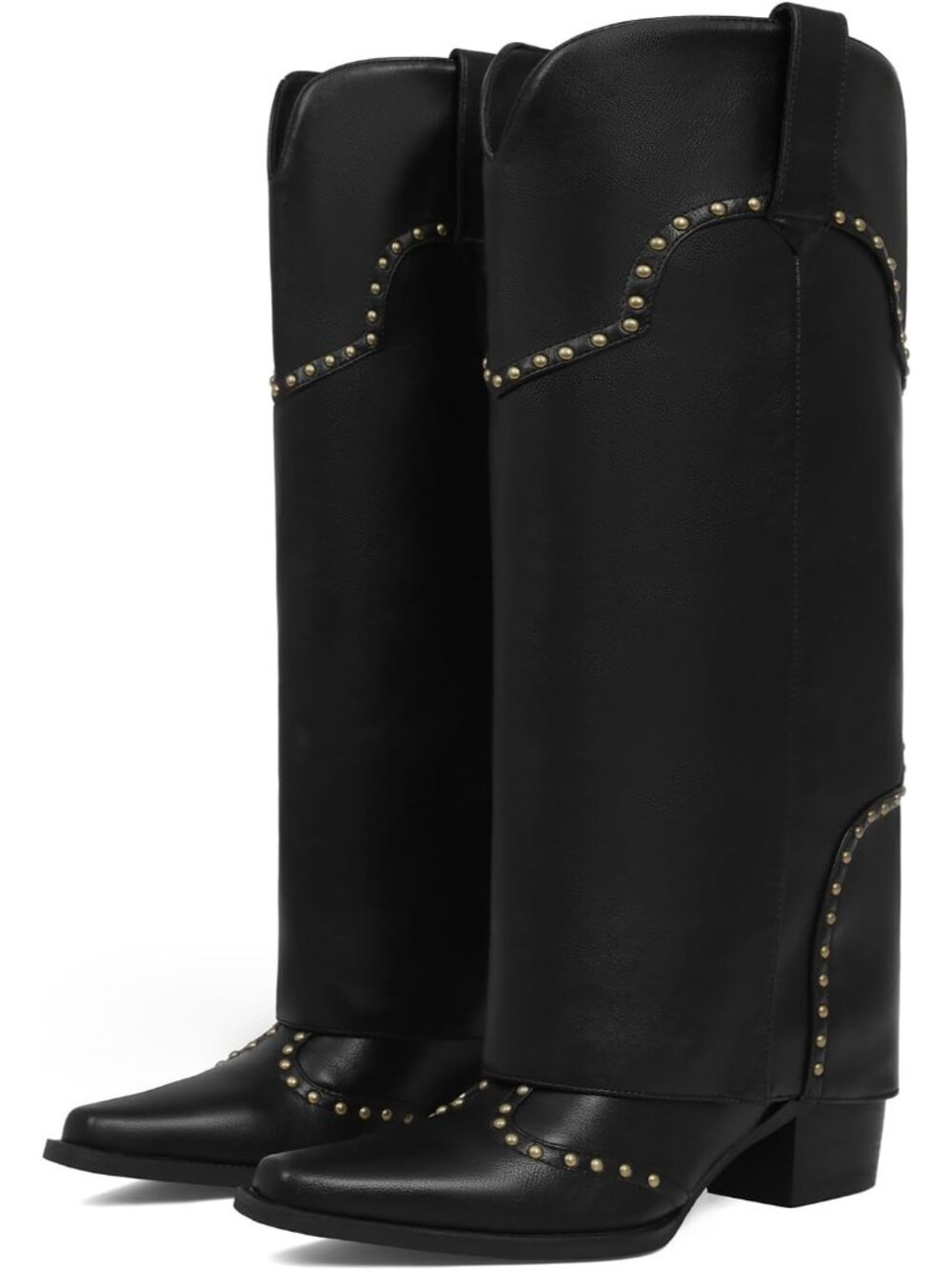 Women's Black Fold Over Knee High Chunky Heel Over Studded Snip Toe Shark Boots